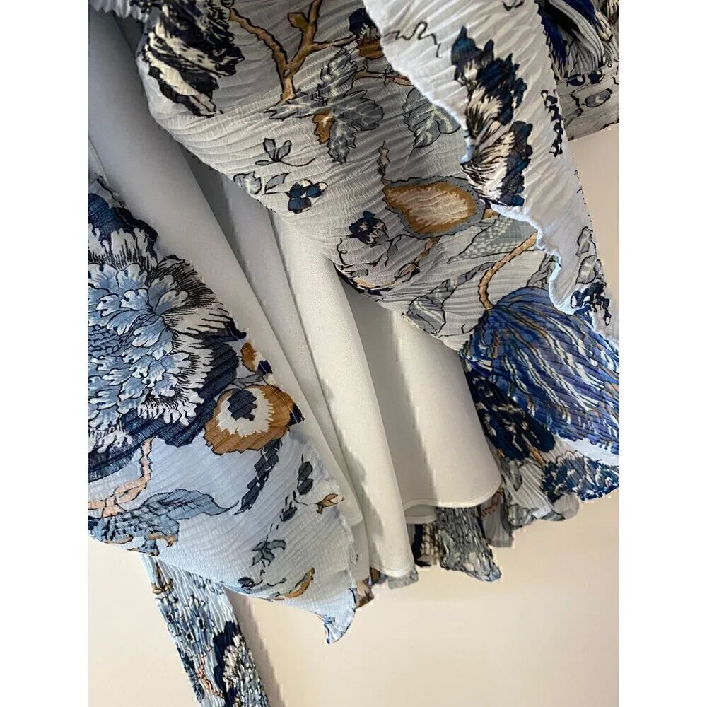 Tory Burch Deneuve Paisley Dress Size 0 Blue Crinkle Floral Ruffle Long Sleeve - Picture 10 of 14